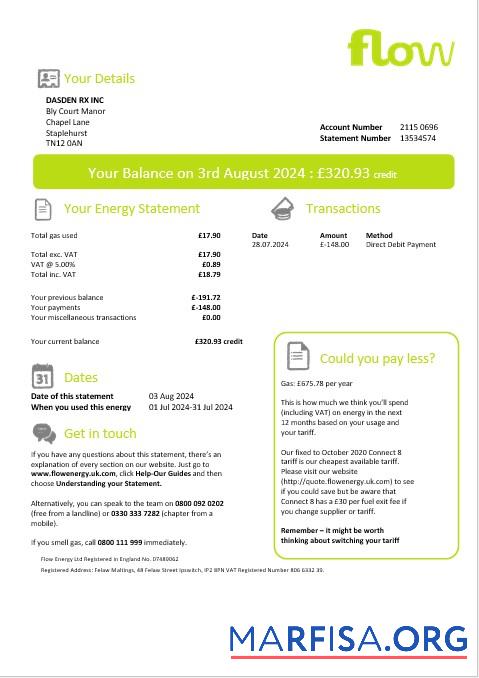 Blank United Kingdom Flow Energy business utility bill template in Word and PDF formats